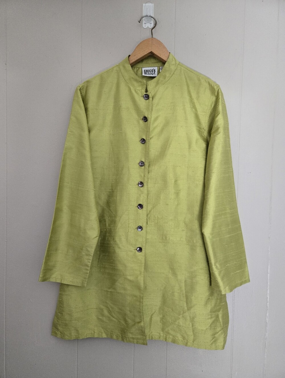 Chico's Vintage Silk Tunic Top Button Up Chartreuse Green Lagenlook Artsy 1 M